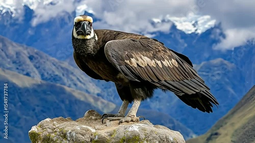 Large black vulture perched on rocky cliff in front of mountain landscape