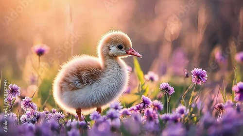 Fluffy baby duckling walking through purple wildflowers in soft morning light