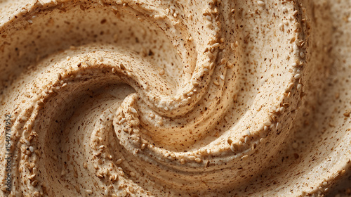 Close up view of a swirling tan colored food spread with small seeds and a smooth creamy texture swirl