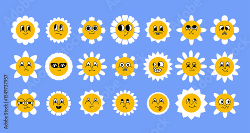 Daisy flowers smiling faces. Cute sunflower emojis for different emotions, great for adding joy to your designs