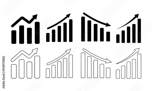 Set of bar chart icons showing growth and decline trends isolated on transparent background