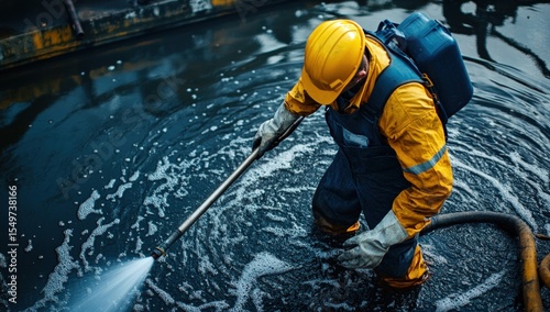 Worker cleans oily water
