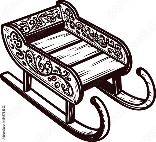 Intricately carved vintage wooden sled with ornate floral patterns and curved runners, isolated on white background