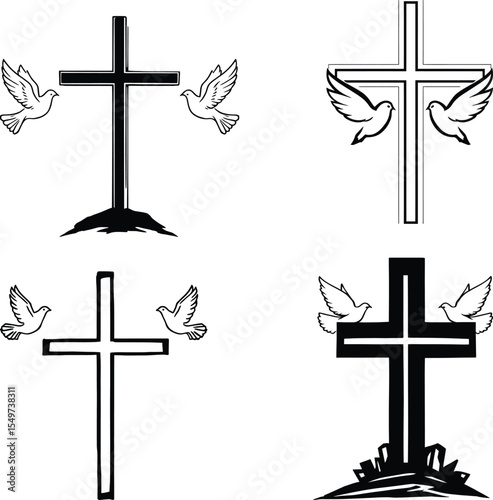 illustration of four stylized crosses, each accompanied by two flying doves in symmetrical compositions, featuring varied cross designs with subtle base elements, silhouette style represent Christian