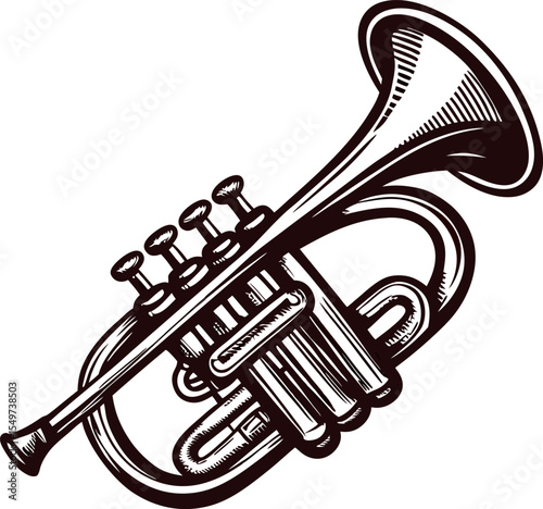 Hand drawn vintage cornet illustration detailed engraving brass wind instrument isolated on white background