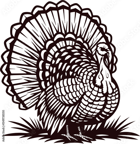 Detailed hand drawn wild turkey standing in grass with tail fanned, vintage engraved illustration