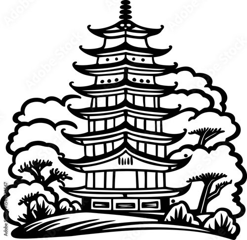 Traditional multi tiered pagoda tower with ornate roof lines surrounded by trees in black and white illustration