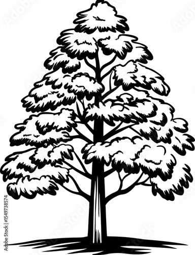 Hand drawn evergreen tree illustration with detailed branches and foliage isolated on white background