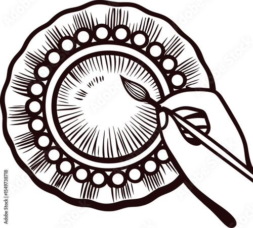 Hand drawn vintage dessert plate with ornate border and spoon in engraved sketch illustration
