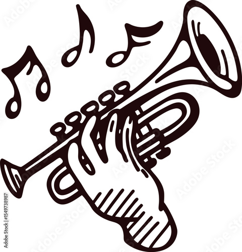 Hand drawn illustration of trumpet with musical notes and playing hand in vintage sketch