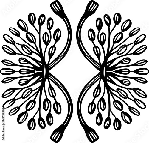 Symmetrical botanical line art with mirrored branches and rounded leaves in bold black outline
