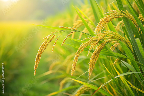 A close-up view of lush rice plants with tall green stalks and golden grain heads