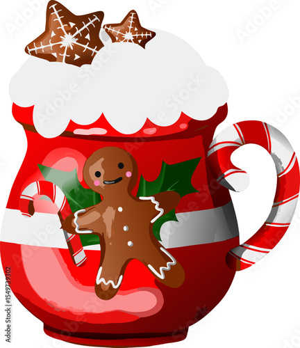 A festive Christmas mug decorated with a gingerbread man, candy cane, and mistletoe. Ideal for winter, celebration, and cozy lifestyle themes