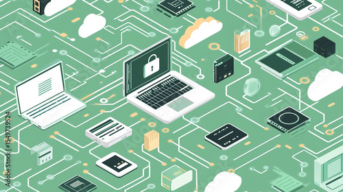 Isometric vector illustration of cloud computing and cybersecurity concept