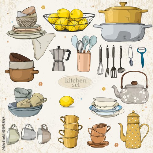 Set of vintage tableware, teapot, cups, pots, lemons and a Provence-style coffee maker on a light textured background.