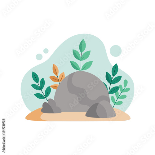 Mountain rock with wild green plants vector illustration, natural landscape element, outdoor scenery design

