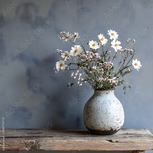 White Vase with Flowers on Wooden Table