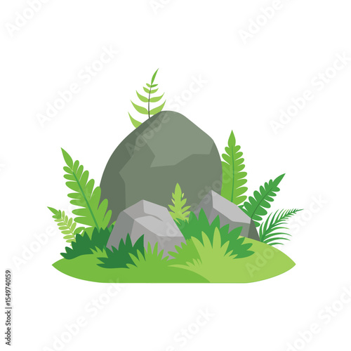Mountain rock with wild green plants vector illustration, natural landscape element, outdoor scenery design

