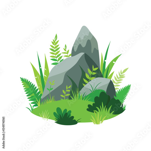 Mountain rock with wild green plants vector illustration, natural landscape element, outdoor scenery design

