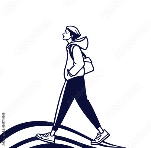 Young woman listening to music with headphones and holding a suitcase in a silhouette illustration.
