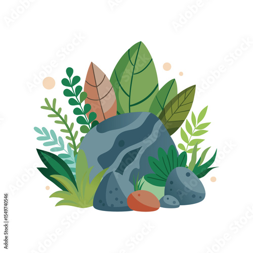 Mountain rock with wild green plants vector illustration, natural landscape element, outdoor scenery design

