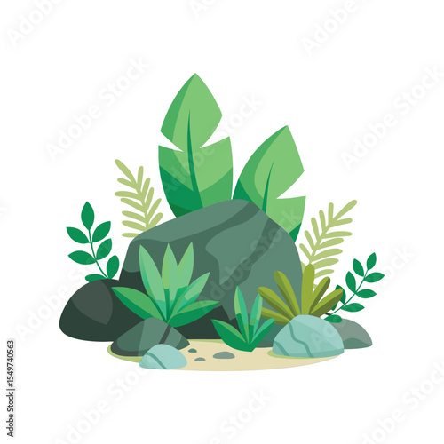 Mountain rock with wild green plants vector illustration, natural landscape element, outdoor scenery design

