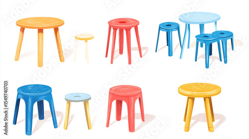 Set of modern vector drawings featuring plastic tables and stools in bright colors