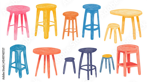 Set of modern vector drawings featuring plastic tables and stools in bright colors