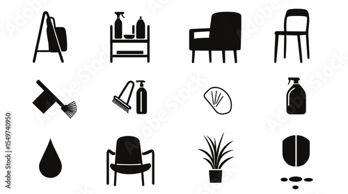 Solid-style vector icon collection for cleaning and hygiene sponge, spray bottle, wiping cloth, squeegee, chair, water droplets