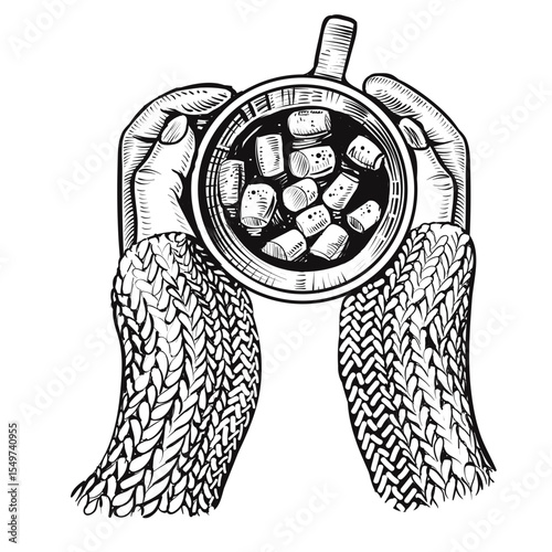 Hands and cup with beverage with marshmallow, top view sketch.⁠
