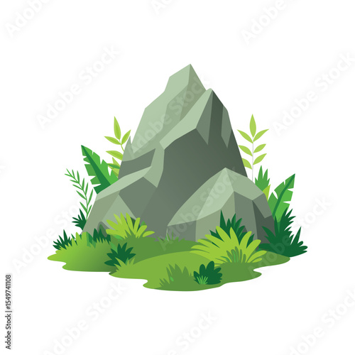 Mountain rock with wild green plants vector illustration, natural landscape element, outdoor scenery design