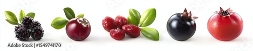 Combination of five antioxidant-rich superfruits: acai berry, goji berry, elderberry, pomegranate, and camu camu, isolated on white background
