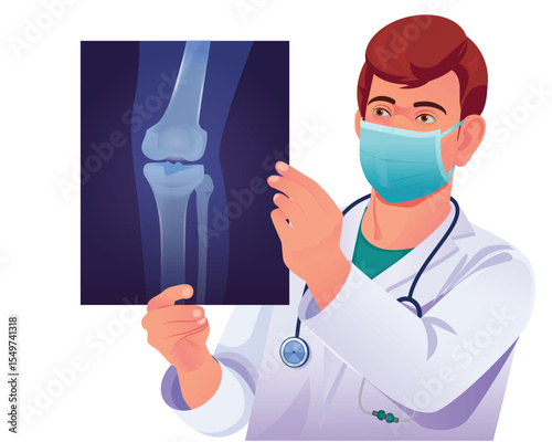 Doctor Looking Knee X ray, Doctor Reviewing Knee Xray, medical Illustration