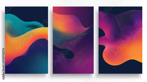 Vector set of abstract line wave poster backgrounds with vibrant halftone dot perspective and flowing curved lines