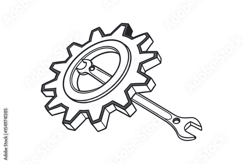 Mechanical Cogwheel and Wrench The intricate dance of mechanics unfolds in a minimalist, monochrome illustration of a gear and wrench, representing precision, skill.