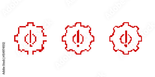 Three red pixel gear icons, each with a distinct design, in retro 8 bit style for game elements or ui.