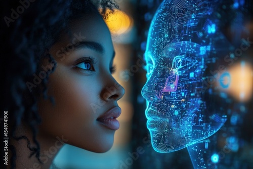 Woman and AI face, close-up