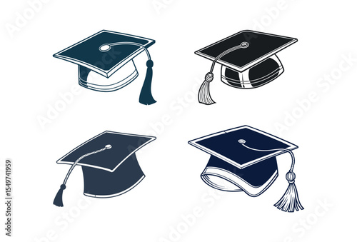 Graduation Caps in Study: Four graduation caps are showcased, each distinct with its own unique style, perfect for academic-themed visuals.