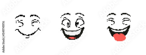 Three pixel art faces display different smiles and laughter, with one face playfully sticking out a tongue.