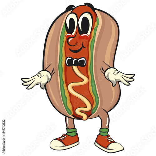 cute hot dog mascot cartoon vector illustration with a bow tie, funny fast food character isolated on transparent background, work of hand drawn