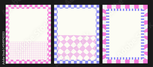 Charming hand frame in vintage retro style with checkered tartan background. Checkered rectangle border