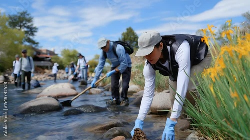 Volunteers unite to clean a riverbank, promoting environmental conservation.