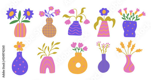 Set of abstract flower bouquet in vase. Trendy paper cut bright floral graphic. Flat botanical elements.