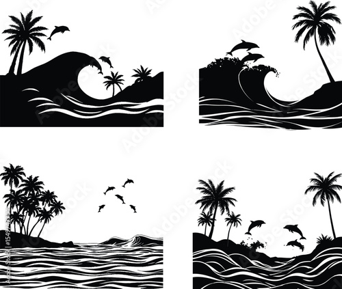 Black and white vector illustration of four tropical ocean scenes with dolphins leaping among stylized waves and palm trees, designed in a minimalistic silhouette style to evoke beach serenity, 