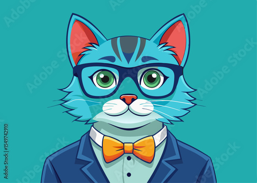 cat portrait with sunglasses and tie. Vector illustration.