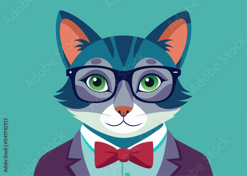 cat portrait with sunglasses and tie. Vector illustration.