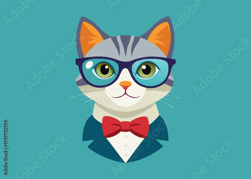 cat portrait with sunglasses and tie. Vector illustration.