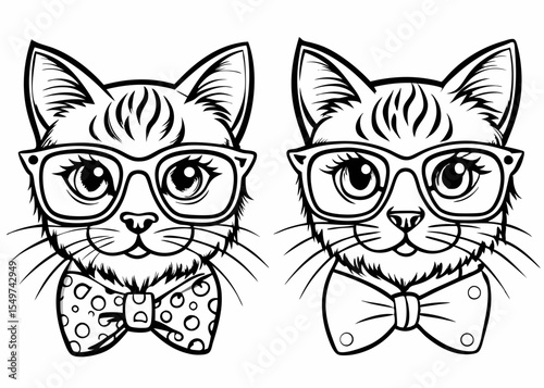 Cute cat dressed hat tie and glasses hand drawn tshirt design, Portrait of cat, wearing glasses, like a scholar, cool style line art vector illustration