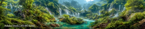 Epic waterfall panorama featuring multiple cascades framed by lush greenery in vibrant detail
