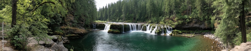 Obraz premium Epic waterfall panorama featuring multiple cascades framed by lush greenery in vibrant detail